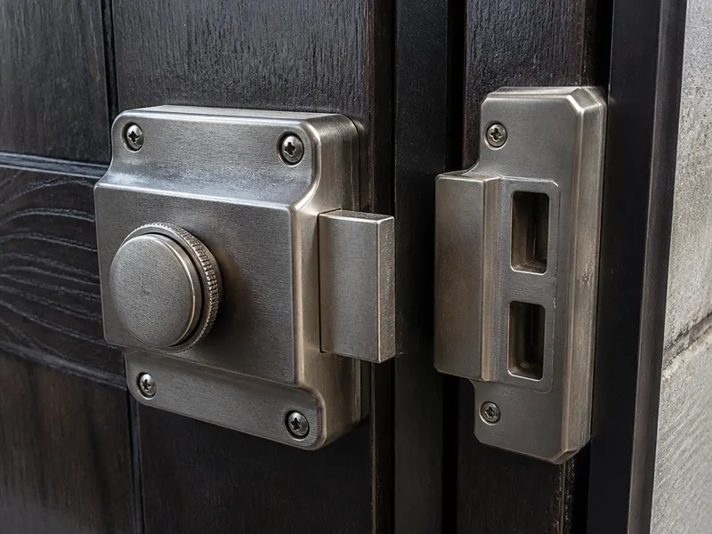 Pany de seguretat i escut en una porta de fusta d’habitatge a Barcelona