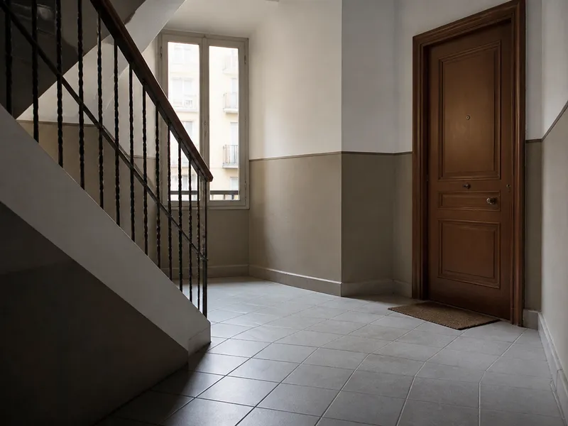 Replà de comunitat de veïns a Barcelona amb porta de finca i terra de terratzo