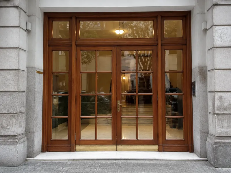 Porta de portal de comunitat a Barcelona vista de davant, fusta i vidre