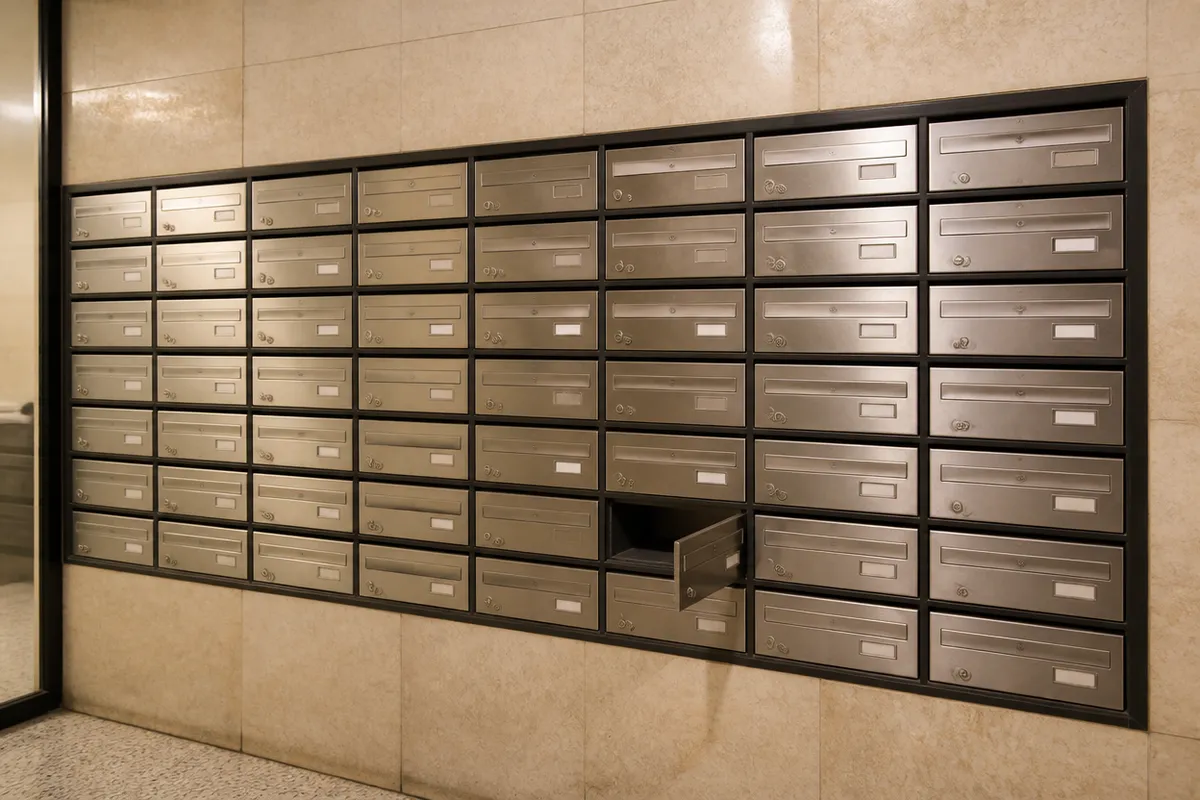 Aluminium mailbox doors with small locks in a Barcelona lobby