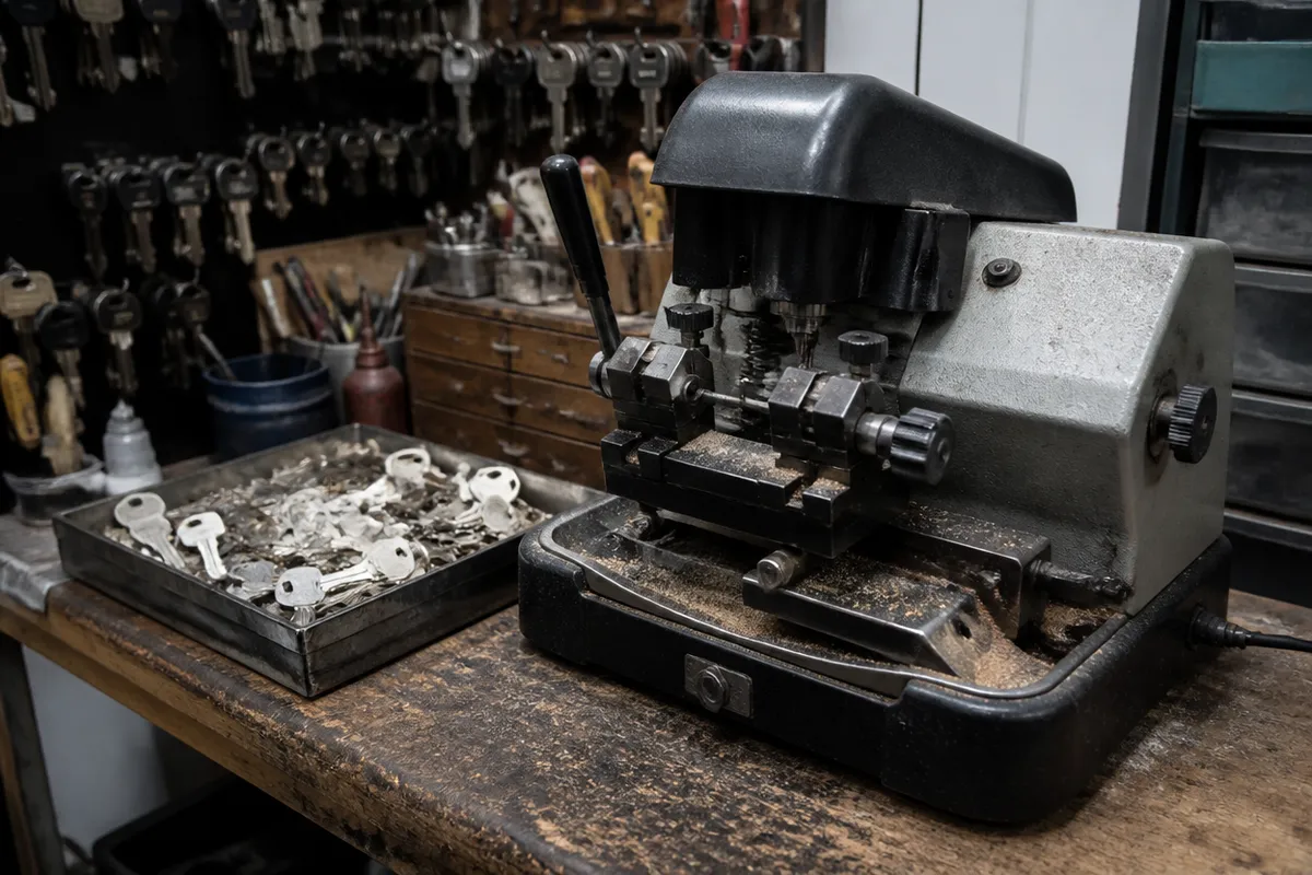 Key-cutting workshop in Barcelona with a duplicating machine and keys on the counter